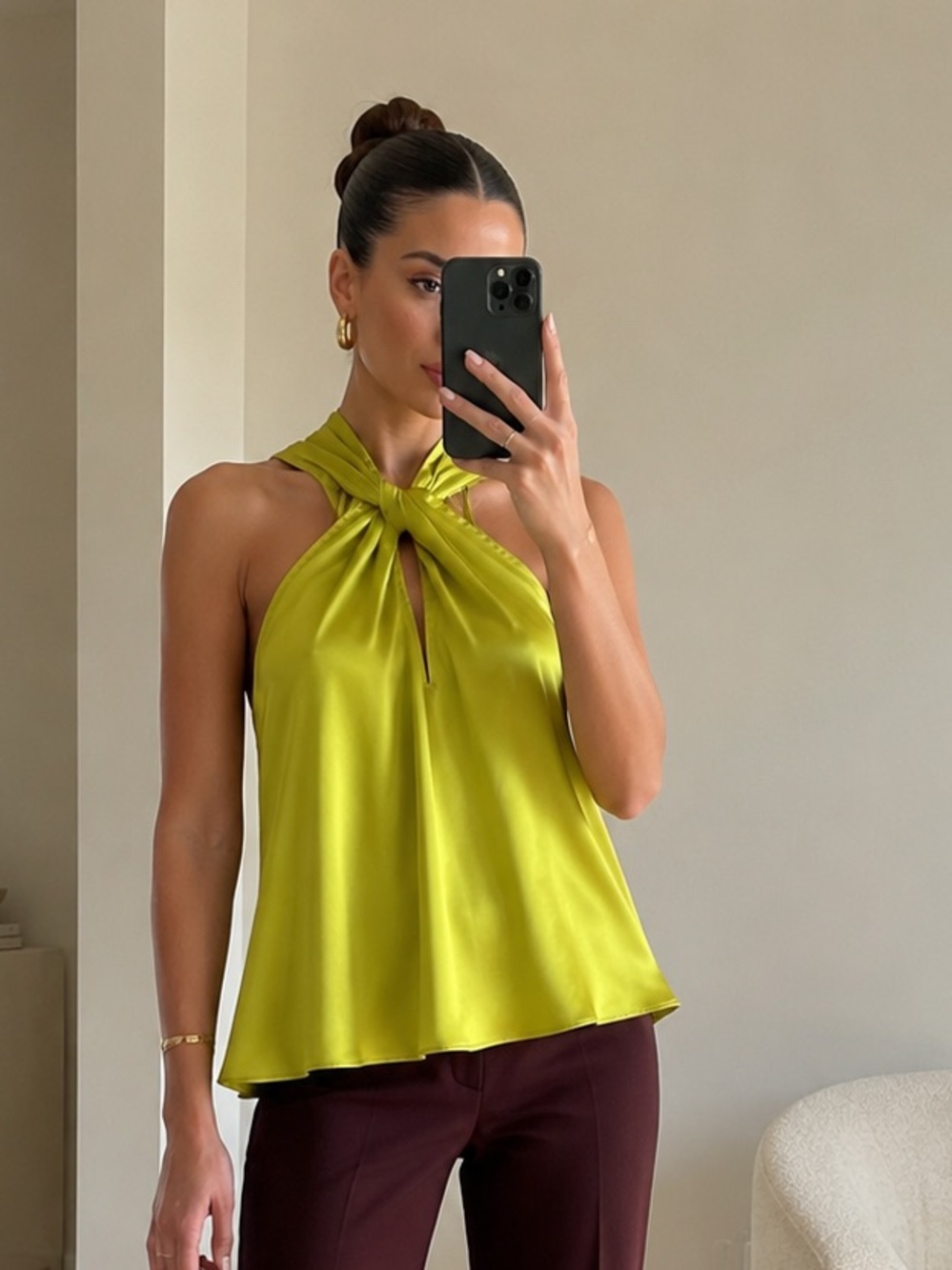 Joie Chartreuse Satin Halter Neck Sleeveless Draped Blouse Top XS